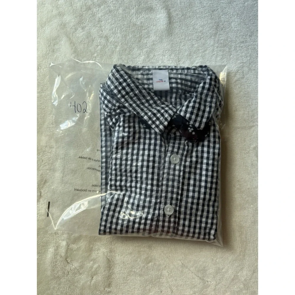 Old Navy 4T Black & White Gingham Shortsleeve Button Up Shirt Floral Bow Tie